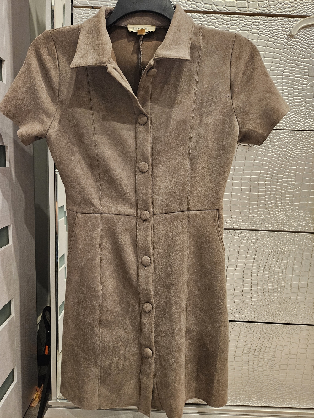 Taupe Suede Button-Front Short Sleeve Dress